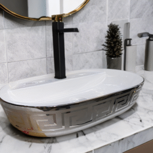 Oval White Ceramic Wash Basin with Silver Greek Key Pattern – Countertop Designer Sink