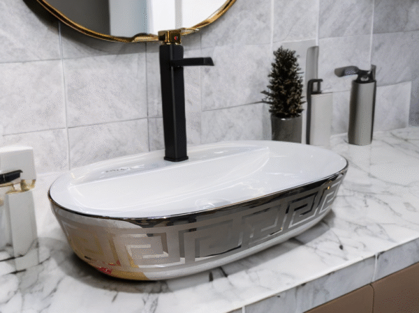Oval White Ceramic Wash Basin with Silver Greek Key Pattern – Countertop Designer Sink