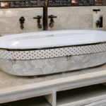White & Grey Floral Ceramic Wash Basin with Gold Rim – Decorative Countertop Vessel Sink