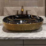 Luxor Black & Gold Oval Ceramic Countertop Wash Basin