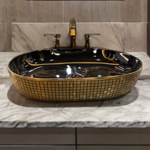 Luxor Black & Gold Oval Ceramic Countertop Wash Basin