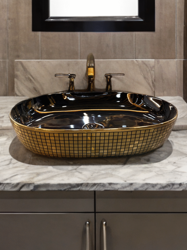 Luxor Black & Gold Oval Ceramic Countertop Wash Basin