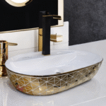 White & Gold Geometric Designer Ceramic Wash Basin