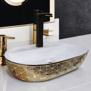 White & Gold Geometric Designer Ceramic Wash Basin