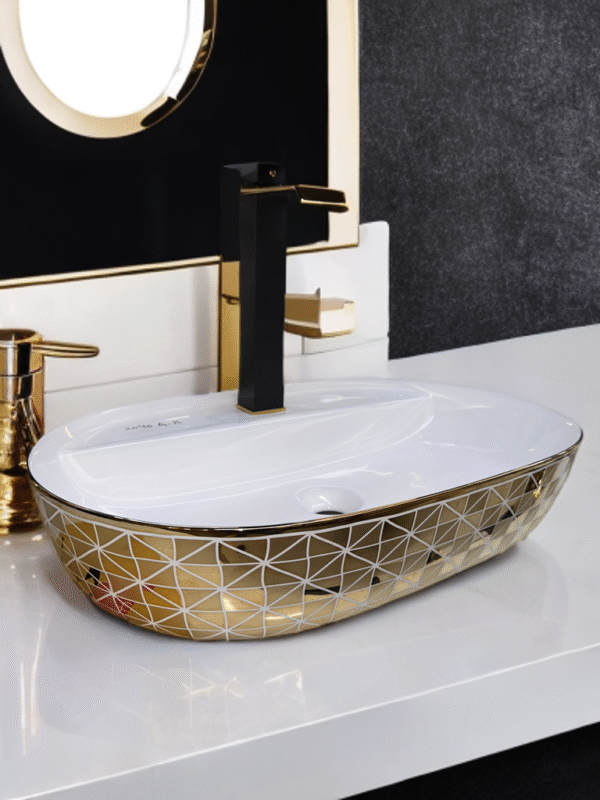 White & Gold Geometric Designer Ceramic Wash Basin