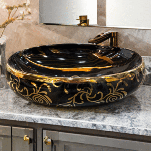 Rea Margot Style Black & Gold Ceramic Countertop Wash Basin
