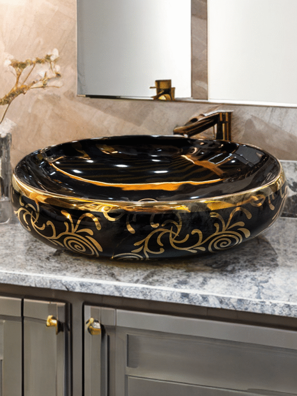 Rea Margot Style Black & Gold Ceramic Countertop Wash Basin