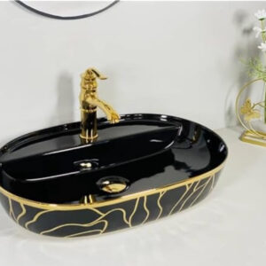 Black Marble-Effect Oval Ceramic Countertop Wash Basin with Gold Accents