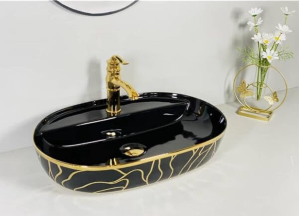 Black Marble-Effect Oval Ceramic Countertop Wash Basin with Gold Accents